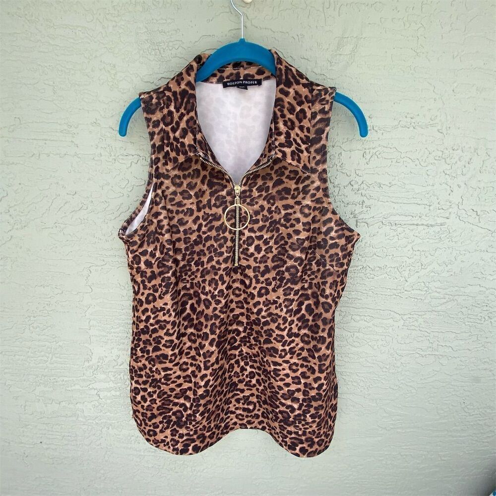 Boston Proper Leopard Print Zip-Up Women’s Size L Multicolor Sleeveless